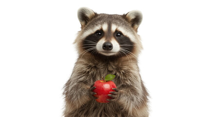 Friendly raccoon with a rounded face holding a shiny red apple on white background for design and print with cute and adorable and funny and humorous