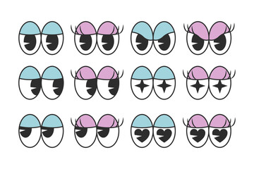 Cartoon eyes characters, cartoon eyes with emotion: happy, sweet, in love, embarrassed, angry, shy. Vector illustration.