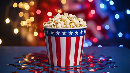 Popcorn bucket with american flag and festive party lights