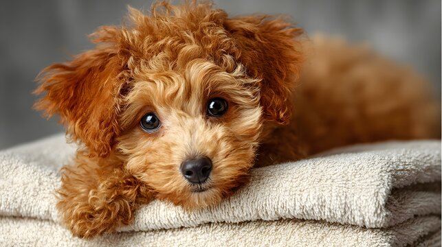 Cute apricot poodle puppy resting its paws on a stack of soft folded towels in a spa setting with soft diffuse lighting and expression.