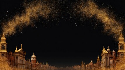 Obraz premium Enchanting golden archway with shimmering particles over majestic cityscape illuminated by glimmering lights at night creating a mystical atmosphere