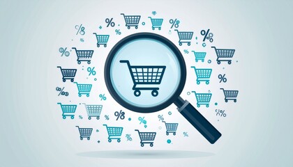 Magnifying glass zooms in on shopping cart surrounded by percentage signs