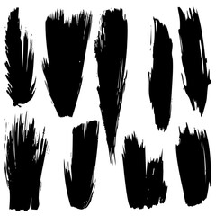Large collection of black brush strokes and paint smears of various shapes, sizes, and textures. Grunge or watercolor style. Vector illustration.