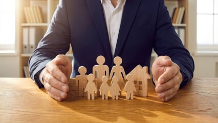 Protecting Family and Home: A professional in a tailored suit carefully safeguards a wooden family and a house on a desk. A visual representation of security and protection.