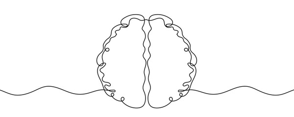 A stylized image of the human brain with two hemispheres and convolutions. A symbol of idea, intellect, science, and thought. Drawing in one line art style with editable black stroke. Vector illustrat