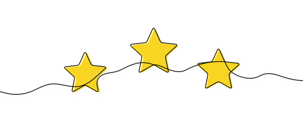 Three five-pointed stars in gold or yellow color, arranged horizontally. A symbol of rating, review, or high quality. Drawing in one line art style with editable color stroke. Vector illustration.