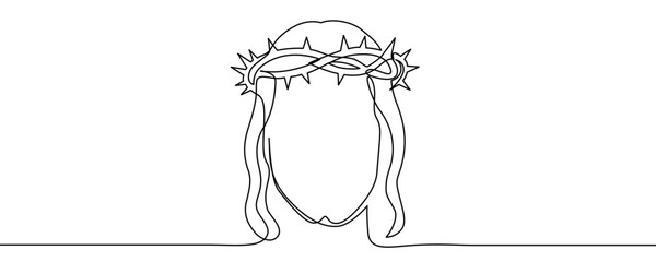 A stylized image of the crown of thorns resting on the head of Jesus Christ. A symbol of suffering, Christianity, and Easter. Drawing in one line art style with editable black stroke. Vector illustrat