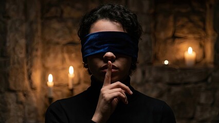 Mysterious Serenity: A blindfolded individual with a finger pressed to their lips, embodying a captivating atmosphere of silence and contemplation. Illuminated by soft candlelight in a dimly lit.