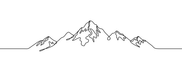 A mountain range with four peaks, one of which dominates the others. A symbol of nature, travel, climbing, and grandeur. Drawing in one line art style with editable black stroke. Vector illustration.