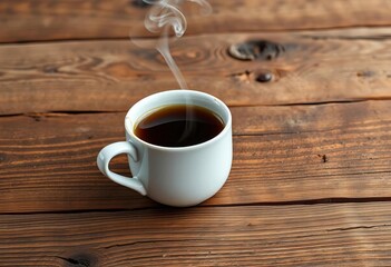 Obraz premium Steaming coffee in ceramic mug on rustic wood , coffee beans, overhead