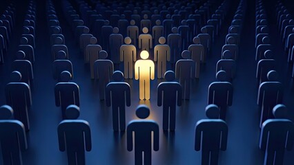 Obraz premium Standing Out in the Crowd: An individual figure illuminates, contrasting against a multitude of identical representations, capturing themes of individuality, leadership, and distinctiveness.