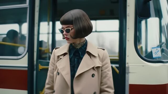 Stylish woman embarks on an adventure, stepping off vintage bus with suitcase