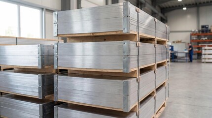 Metal sheets stacked on wooden pallets in a spacious industrial warehouse. Bright lighting enhances the clean, organized environment.