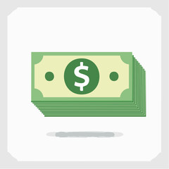 A stack of US dollar bills with a dollar sign in a circle on the top bill, representing financial concepts such as wealth, savings, and currency exchange, presented in a flat design style