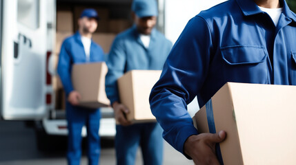 Delivery team of diverse movers loading brown cardboard boxes into a white truck, offering relocation, courier, logistics, and moving services