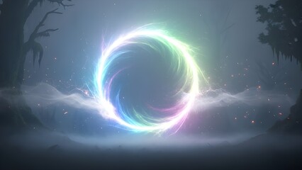 Magical Glowing Portal in Dark Foggy Forest with Energy Ring and Mist