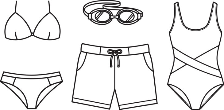 This black and white line art illustration showcases a complete swimwear and beachwear set, including a bikini top, bikini bottom, one-piece swimsuit with crisscross waist design, swim shorts, 