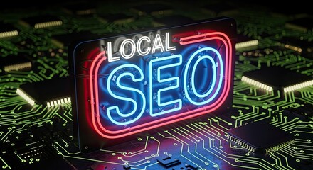 Local SEO illuminated: A neon sign of Local SEO stands out against a backdrop of a circuit board, symbolizing the digital landscape of online visibility.