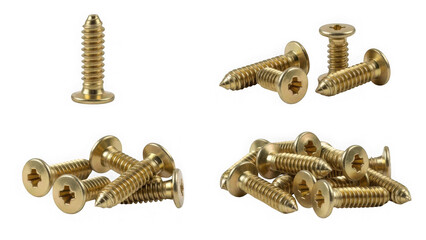 Collection of brass screws on transparent background isolated