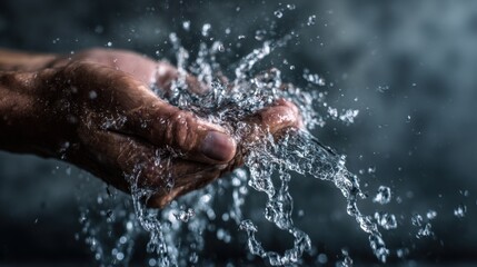 Fototapeta premium Quenching Thirst: A close-up shot capturing a hand cupping fresh, sparkling water as it splashes, embodying purity and renewal.