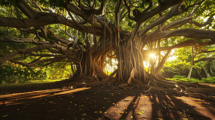 Ancient banyan tree with sprawling aerial roots.