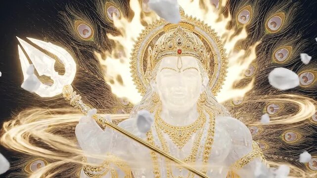 Radiant divine statue with trident, halo, and floating petals.