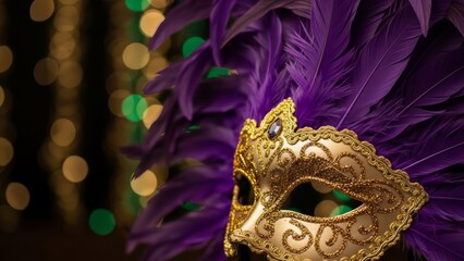 A luxurious Mardi Gras mask with gold filigree, purple feathers, and sparkling gemstones. AI generated.