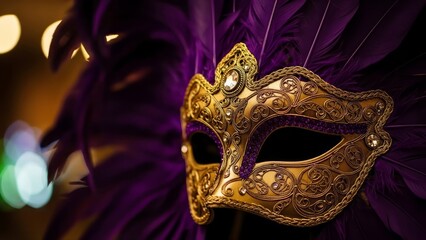 A luxurious Mardi Gras mask with gold filigree, purple feathers, and sparkling gemstones. AI generated.