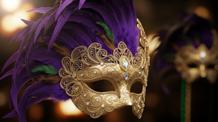 A luxurious Mardi Gras mask with gold filigree, purple feathers, and sparkling gemstones. AI generated.