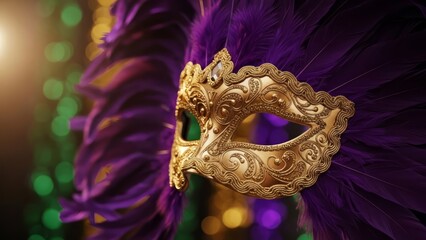 A luxurious Mardi Gras mask with gold filigree, purple feathers, and sparkling gemstones. AI generated.
