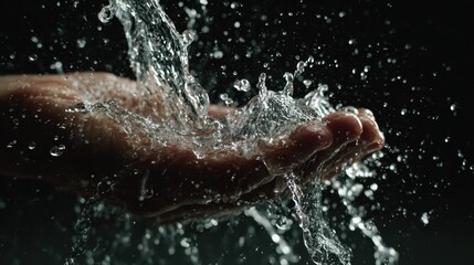 Fototapeta premium Aquatic Embrace: The delicate cascade of water flows over the palm, a captivating display of nature's purity.