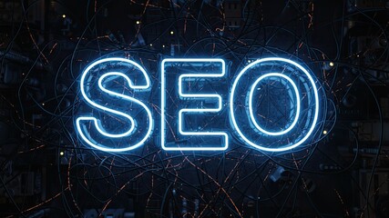 Illuminated SEO: The term SEO glows brightly, its neon outline against a complex backdrop of wires, symbolizing the intricate digital strategies used for online optimization.