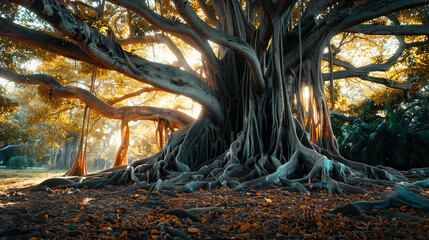 Ancient banyan tree with sprawling aerial roots.