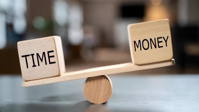 Time and Money Blocks Balanced on Seesaw Illustrating Value Prioritization Concept