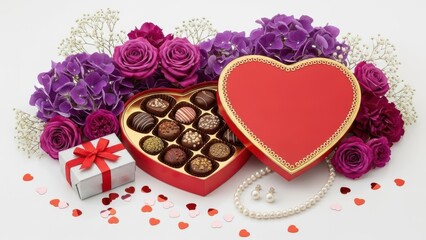 Elegant heart-shaped box of chocolates surrounded by purple roses and decorative pearls for valentine's day