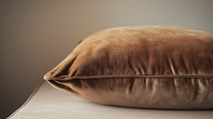 Soft brown decorative pillow on neutral sofa, minimalist interior detail with copy space.