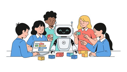 Children interacting with a friendly robot and learning together in a classroom