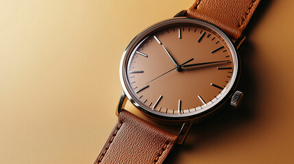 Elegant wristwatch with brown leather strap on a warm background, showcasing timeless design and classic luxury style.