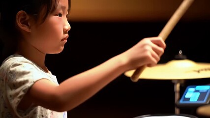 Young Girl Plays Drums with Focus and Determination in a Warmly Lit Studio Setting
