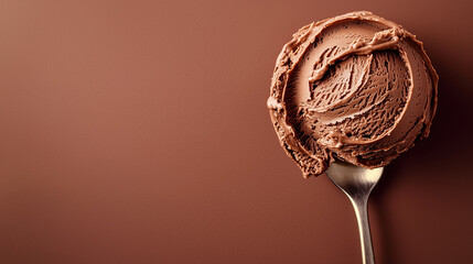 Chocolate ice cream scoop on a spoon against a warm brown background with copy space for dessert branding.