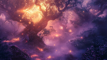 Mystical fantasy forest with twisted trees glowing in purple and orange light, creating a magical dreamlike atmosphere.