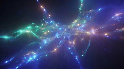 Glowing abstract energy waves with luminous blue green and golden light particles forming fluid cosmic motion futuristic digital background design animation visual effects and modern tech artwork