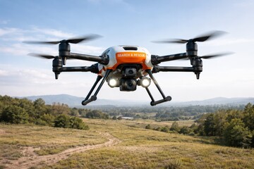 Aerial Drone Monitoring Landscape Terrain From Low Altitude.
Modern quadcopter drone flying over open countryside, capturing spatial data and terrain imagery for environmental monitoring.