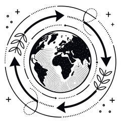 A black and white vector graphic illustration of the Earth with circular arrows and leaves