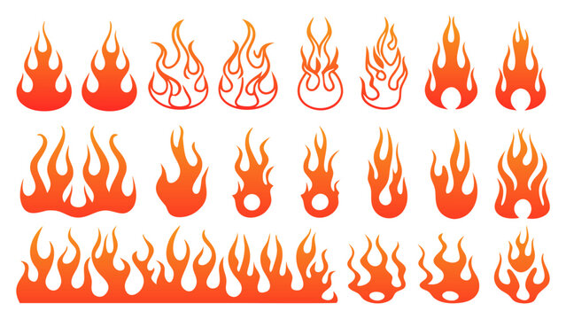 Set of orange fire flames in a variety of tribal tattoo shapes and sizes isolated on a transparent background