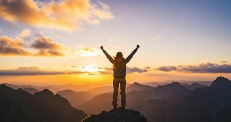 Person celebrating at mountain peak during sunset with vibrant sky and distant hills - Powered by Adobe