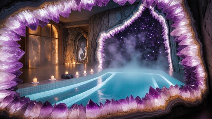 Luxurious spa sanctuary bathed in ethereal purple crystal light with steamy turquoise water