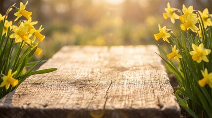 old wooden board podium among yellow daffodils. spring nature background with sunlight. easter holiday concept. copyspace for product display. greeting card, banner, website header.