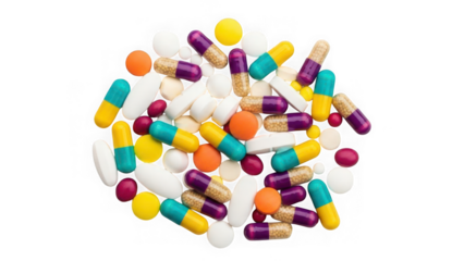 Colorful pills and capsules scattered on transparent background isolated on transparent background