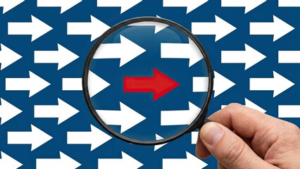 Directional Insight: A hand holds a magnifying glass over a sea of arrows, emphasizing a singular red arrow pointing the way forward. This visual captures concepts such as direction, focus.